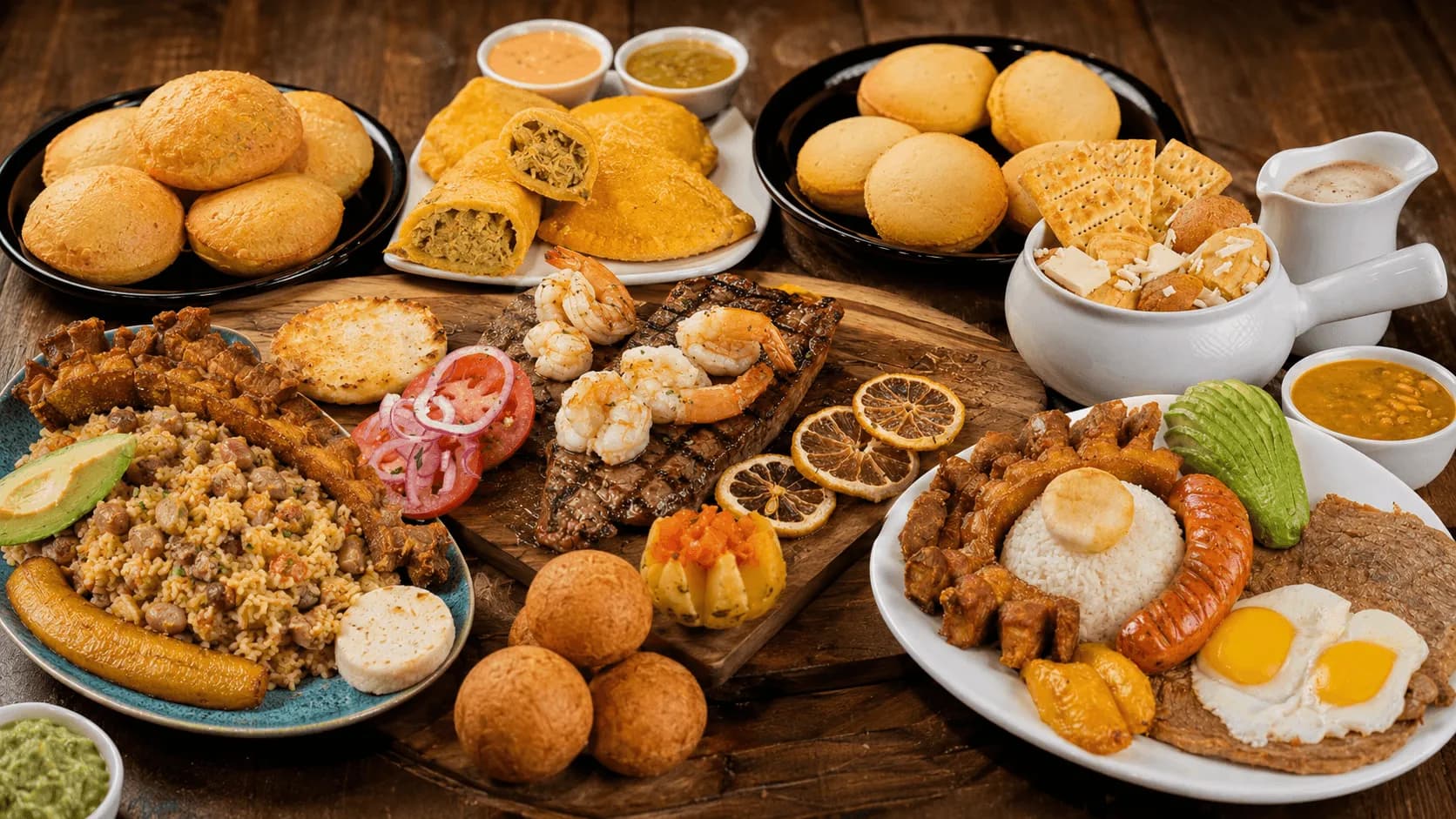 Colombian food spread with arepas, empanadas, grilled seafood, rice, eggs, and sauces
